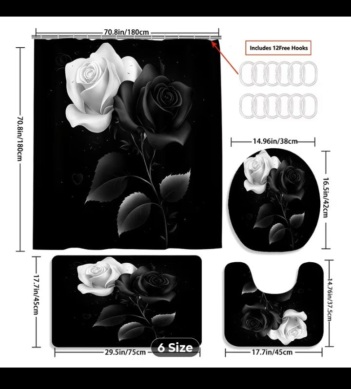 4pc single color white rose shower rugs and curtain set