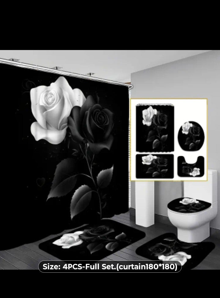 4pc single color white rose shower rugs and curtain set